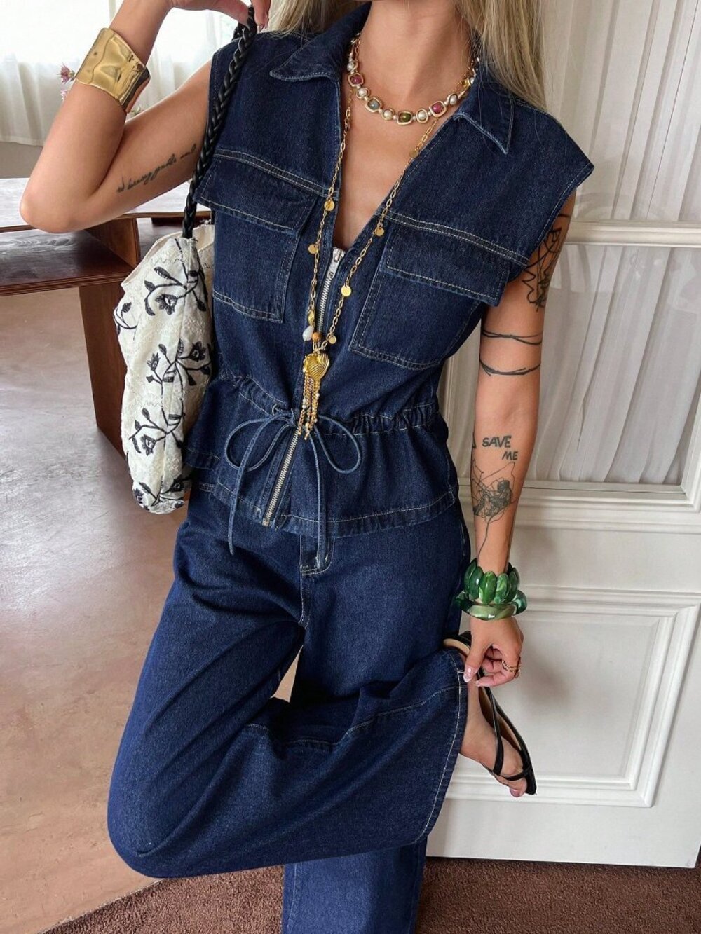 Blue Casual Women's Drawstring Waist Sleeveless Top And Jeans Pants Set
